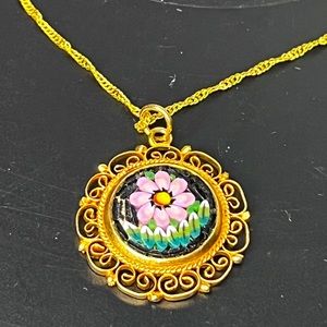 Vintage Italian Micro Mosaic Flower Pendent Necklace, 16" 14K GF Chain, Marked
